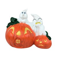 Vintage Hand-Painted Ghost & Jack O'Lantern Figurine: Whimsical Halloween Decor