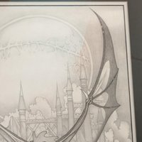 Vintage Dragon Art Print: Signed Dan Thompson Fantasy Castle Scene, Framed