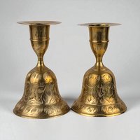 Vintage Brass Bell Candle Holders: Etched Floral Design, 4" Tall