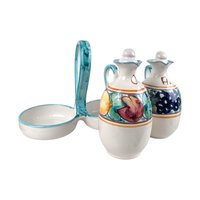 Vintage Italian Pottery Cruet Set: Hand-Painted Oil & Vinegar Bottles