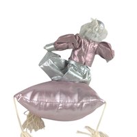 Vintage Harlequin Doll: Pink & Silver Jester, 6 Inch Clown on Pillow