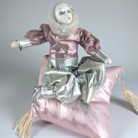 Vintage Harlequin Doll: Pink & Silver Jester, 6 Inch Clown on Pillow
