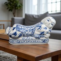 Vintage Blue & White Chinese Porcelain Headrest: Asian Decor Pillow
