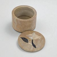 Vintage Stone Inlay Box, Small Round Trinket Box from India, Mother of Pearl Flower Ring Box, Handcrafted Soapstone Pill Box