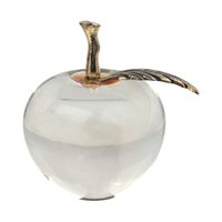 Vintage Glass Apple Paperweight: Brass Stem, Clear Crystal Desk Decor