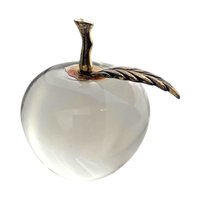 Vintage Glass Apple Paperweight: Brass Stem, Clear Crystal Desk Decor