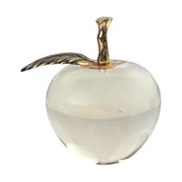 Vintage Glass Apple Paperweight: Brass Stem, Clear Crystal Desk Decor