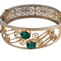 Vintage Gold Filigree Bangle: Green Stone Art Nouveau Cuff