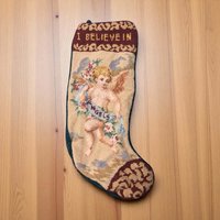 Vintage Needlepoint Christmas Stocking: "I Believe in Angels" Cherub