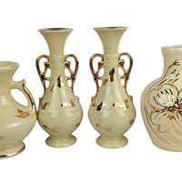 Set of 4 Vintage Yellow Vases: Art Deco & MCM Ceramic Decor with Gold Accents