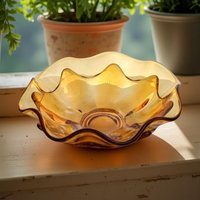 Vintage Viking Glass Bowl: Amber Epic Double Crimp Art Glass Dish