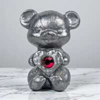 Vintage Pewter Bear Figurine: Miniature Bear Holding Red Crystal Heart Collectible