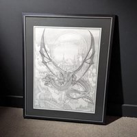 Vintage Dragon Art Print: Signed Dan Thompson Fantasy Castle Scene, Framed