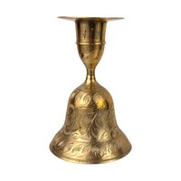 Vintage Brass Bell Candle Holders: Etched Floral Design, 4" Tall