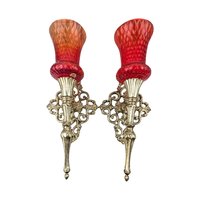 Vintage Brass Wall Sconces: Ornate Italian Candle Holders with Red Votives