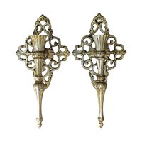 Vintage Brass Wall Sconces: Ornate Italian Candle Holders with Red Votives
