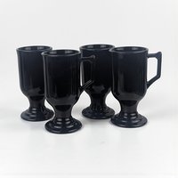 Vintage Black Glass Irish Coffee Mugs: Set of Four Footed Mugs