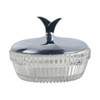 Vintage Glass Vanity Bowl: Art Deco Style Powder Dish, Chrome Lidded Trinket Box