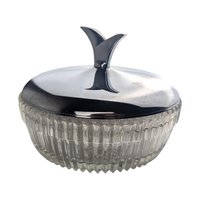 Vintage Glass Vanity Bowl: Art Deco Style Powder Dish, Chrome Lidded Trinket Box