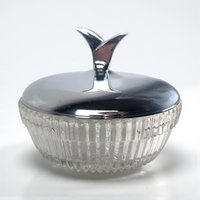 Vintage Glass Vanity Bowl: Art Deco Style Powder Dish, Chrome Lidded Trinket Box