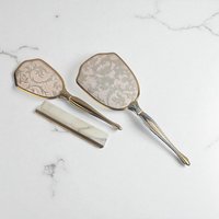 Vintage 3-Piece Vanity Set: Gold Tone Mirror, Brush, and Comb Dresser Set