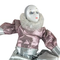 Vintage Harlequin Doll: Pink & Silver Jester, 6 Inch Clown on Pillow