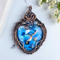 Handmade Copper Wire Wrapped Pendant: Blue Bird & Flower Art Jewelry