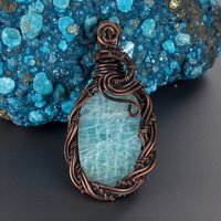 Amazonite Wire Wrapped Pendant: Handmade Copper Statement Jewelry