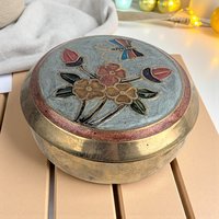 Vintage Brass Enamel Trinket Box: Floral Butterfly Lid Jewelry Holder Made in India