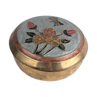 Vintage Brass Enamel Trinket Box: Floral Butterfly Lid Jewelry Holder Made in India