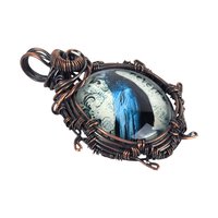 Handmade Copper Raven Pendant: Wire Wrapped Bird Cabochon Necklace