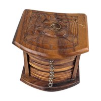 Vintage Carved Wood Coaster Set: Mixed Wood Barware with Holder