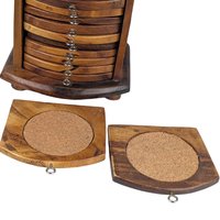 Vintage Carved Wood Coaster Set: Mixed Wood Barware with Holder