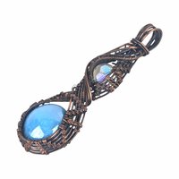 Copper Wire Wrapped Pendant: Blue Czech Glass with Crystal Accent