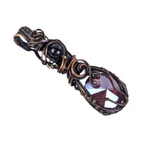 Copper Wire Wrapped Pendant: Purple Teardrop Crystal and Black Bead