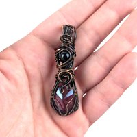 Copper Wire Wrapped Pendant: Purple Teardrop Crystal and Black Bead