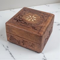 Vintage Carved Wooden Box: Hand Carved Indian Wood, Inlay Trinket or Jewelry Box