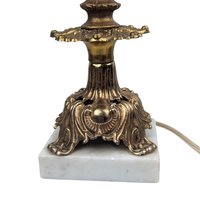 Vintage Hollywood Regency Accent Lamp: Ornate Brass, Marble Base and Glass Shade Table Light