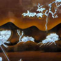 Vintage Vietnamese Mother of Pearl Panel: Bridge Crossing Lacquerware Art