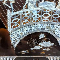 Vintage Vietnamese Mother of Pearl Panel: Bridge Crossing Lacquerware Art