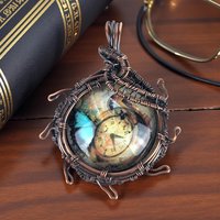 Handmade Copper Wire Wrapped Clock Pendant: Artisan Steampunk Jewelry