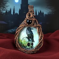 Handmade Copper Wire Wrapped Raven Pendant: Gothic Skull Crow Jewelry