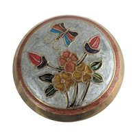Vintage Brass Enamel Trinket Box: Floral Butterfly Lid Jewelry Holder Made in India