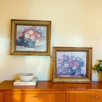 Vintage Floral Lithograph Prints: Framed Still Life Art Treasure Pair