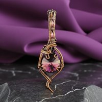 Copper Wire Wrapped Pendant: Purple Rivoli Crystal Charm, Handmade Artisan Jewelry