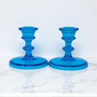 Vintage Blue Glass Candlesticks: Pair of Taper Candle Holders