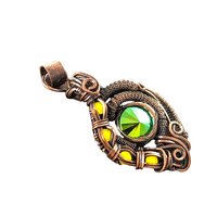 Handmade Copper Wire Pendant: Green Crystal and Yellow Accent Jewelry