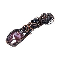Copper Wire Wrapped Pendant: Purple Teardrop Crystal and Black Bead