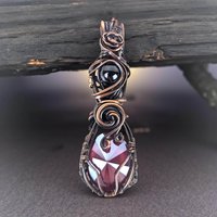 Copper Wire Wrapped Pendant: Purple Teardrop Crystal and Black Bead