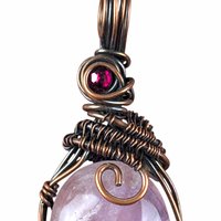 Copper Wire Wrapped Pendant: Amethyst Gemstone with Red Crystal Accent